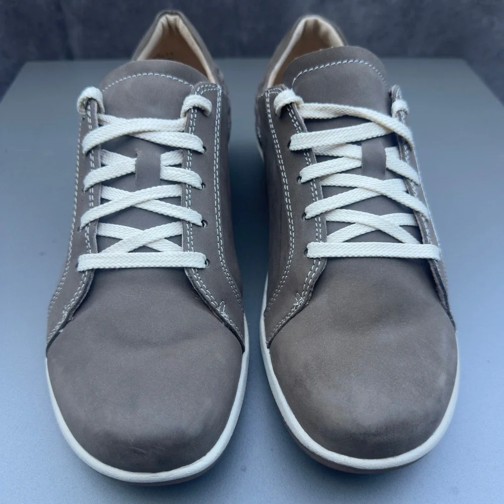 Aetrex Dana Leather Sneakers 10.5-11 Taupe Grey Braided Walking Shoes DM306WM